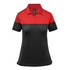 A women's polo shirt featuring a two-tone design in red and black, with a collar and short sleeves. It has a logo.