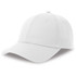 A white cap made from recycled and organic cotton, featuring a logo on the front.