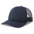 A navy trucker cap made from recycled polyester, featuring a mesh back and a curved brim.
