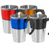A collection of four travel mugs featuring metal bases and colourful tops in red, blue, orange, and black, each with a handle.