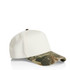 A two-tone cap in white with a camo pattern on the brim, featuring a centered top button and an adjustable strap.