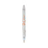 A clear plastic pen with white grip and accents, featuring a logo. The pen has a retractable tip and a fine point.