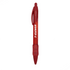 A red plastic pen with a clip and grip section, featuring a logo.