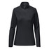 A women's black 1/4 zip pullover with long sleeves, featuring a logo on the side.