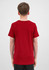 A red short sleeve tee for youth, featuring a simple design and a logo at the back.