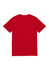 A red short sleeve tee with a plain back, featuring a logo on the neck area.