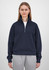 A navy blue women's 1/4 zip sweatshirt with a high collar and long sleeves, featuring a logo.
