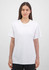 A white women's short sleeve tee is displayed on a model against a neutral background. The shirt has a relaxed fit.