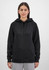 A women’s black hoodie featuring a front pocket and drawstring hood, with a logo on the front.
