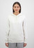 A women's hoodie in a soft white colour with a front pocket and a drawstring hood, featuring a logo.
