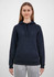 A dark navy women's hoodie featuring a front pocket and drawstring hood, modelled by a woman.
