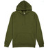 An olive green hoodie with a front pocket and a drawstring hood. It features a logo on the front.