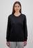A black long sleeve women's t-shirt displayed on a model, featuring a simple design and a logo.
