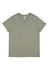 A women's short sleeve tee in a muted olive green shade, featuring a simple design and a logo label.