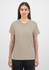 A women's short sleeve tee in a muted beige colour, featuring a simple design and a logo on the front.