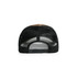 A black and brown mesh cap with a snapback closure, featuring a contrasting camo pattern.