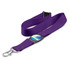 A purple lanyard featuring a circular badge holder with a graphic design and a metal clip attachment.