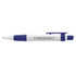 A plastic pen featuring a blue grip and clip, with a central display area that reads "Peace • Love • Cure."