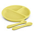A yellow kids' plate with three sections, accompanied by a fork and spoon set in matching colour.