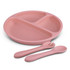 A pink silicone kids plate set featuring three sections and a matching spoon and fork. The set includes a logo.