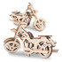 A wooden motorcycle model kit featuring two assembled bikes, showcasing intricate cut-out designs and a natural finish.