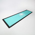 A bar runner in turquoise with a black border and a logo in the centre.