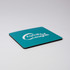 A teal coaster with a black edge features a logo on its surface.