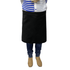 A black waist apron worn by a person, paired with a striped blue and white top and jeans.