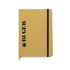 A tan notebook with a black logo and an elastic band closure. It features a textured cover and a zip pocket.