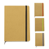 A notebook with a kraft cover and black elastic band, alongside smaller notebooks in red, green, and blue.
