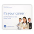A mouse mat featuring a white background with a logo and an image of three professionals.