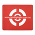 A red mouse mat featuring a circular design and a logo. Dimensions are 230mm x 190mm.