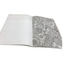 An open A4 colouring book featuring intricate black and white floral patterns on one page, with a blank page on the other.