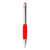A metal pen with a shiny silver finish and a bright red rubber grip. Features a logo on the body.