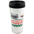 A travel mug featuring a black lid and a white body with images and branding from Krispy Kreme.