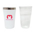 A drink bottle featuring a white exterior with a silver lid and a clear cup beside it, both showcasing simple designs.
