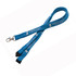 A blue tubular lanyard featuring a clip, showcasing a logo along its length.