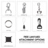 A graphic featuring various lanyard attachment options, including clips, rings, and a safety breakaway.