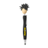 A pen featuring a black stylus end and a character head with spiky hair. It has a branding logo.