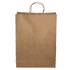 A brown paper shopping bag with twisted handles and a plain surface, featuring a logo.