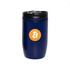 A drink bottle in navy blue with a black lid and a logo featuring a Bitcoin symbol.