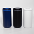 A drink bottle set featuring three vacuum tumblers in navy blue, black, and white, each with a lid and branding.
