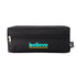 A black rectangular pouch with a zipper, featuring a colourful logo on the front.