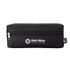 A black rectangular pouch with a zip closure and a branding logo on the front.