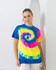 A vibrant tie-dye adult T-shirt featuring blue, pink, yellow, and orange spirals, displayed on a model.