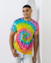 A multi-coloured tie dye adult T-shirt featuring vibrant swirls of blue, pink, yellow, and green. It has a logo.