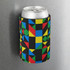A drink bottle cooler featuring a vibrant geometric pattern in red, blue, green, and yellow against a black background.