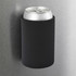 A drink can in a black magnetic stubby cooler attached to a metal surface.