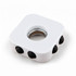 A white decompression finger spinner with three black buttons and a central bearing. It has a smooth, square design.