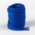 A bundle of bright blue shoelaces, neatly coiled with tapered ends, featuring a branding logo.